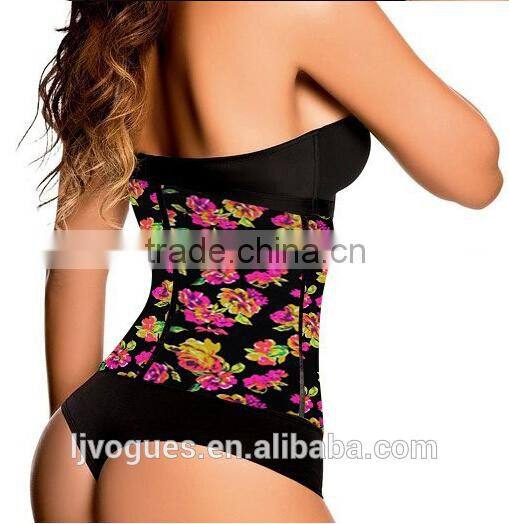Floral Pattern Printing Latex Corset 9 Steel Bones Underbust Waist Cincher Front Open Training Bustier