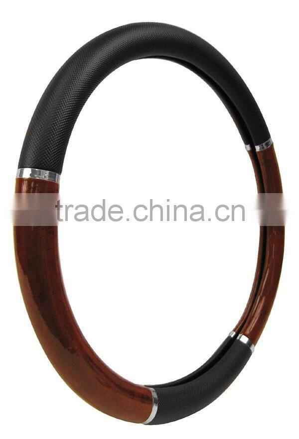 Black Steering Wheel Cover with Woodgrain Design and Chrome Trim