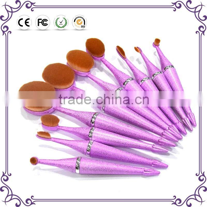 Bling bling New design 10 pieces oval multi-purpose toothbrush makeup brush sets professional pink makeup oval brush
