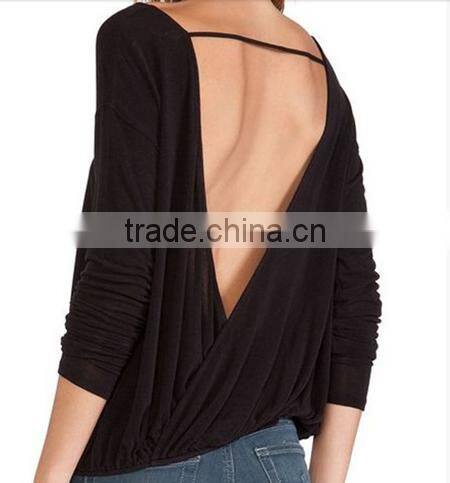 Sexy Women Ladies Crew Neck Backless Casual Long Sleeve Cotton T-Shirt Blouse Tops