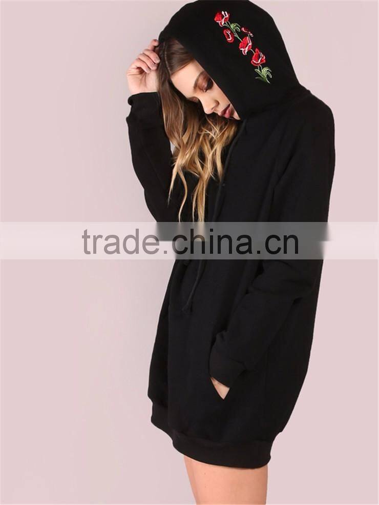 MGOO Black Pocket Front Embroidered Hood Sweatshirt Oversized Women Longline Hoodies With Custom Design