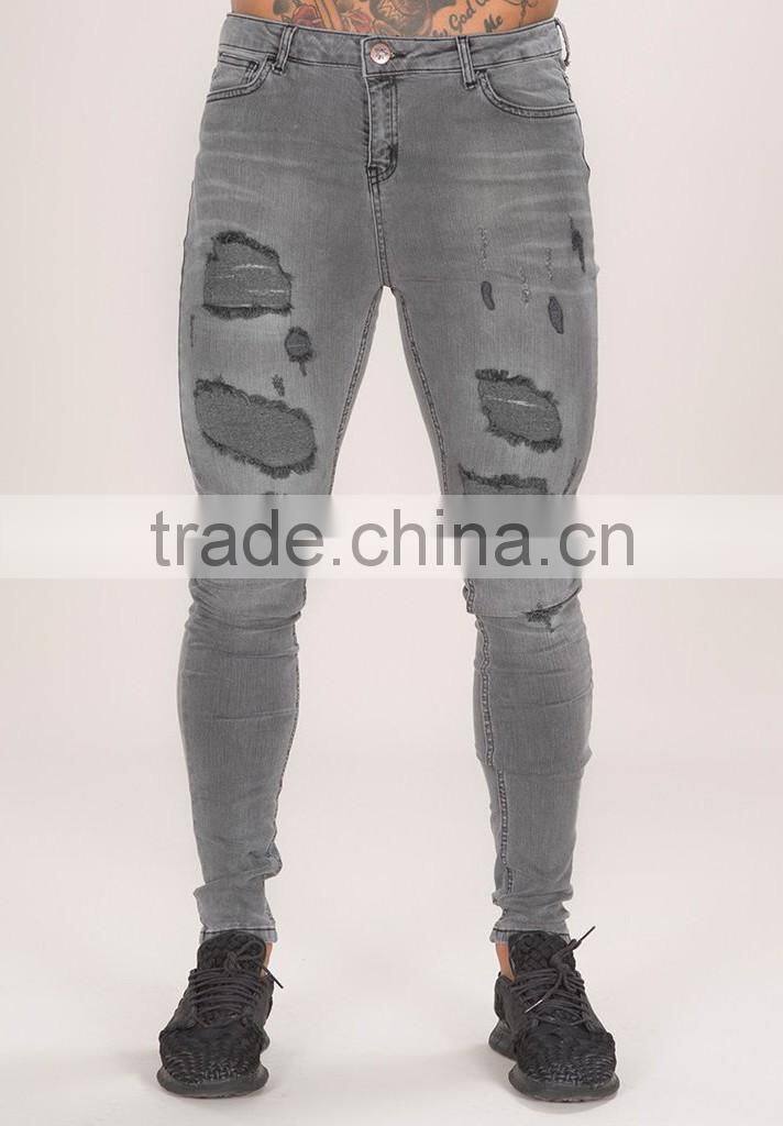 Slim Fit Straight Cut Gray Knee Ripped Acid Wash Low Rise Casual Jeans Trousers for Men