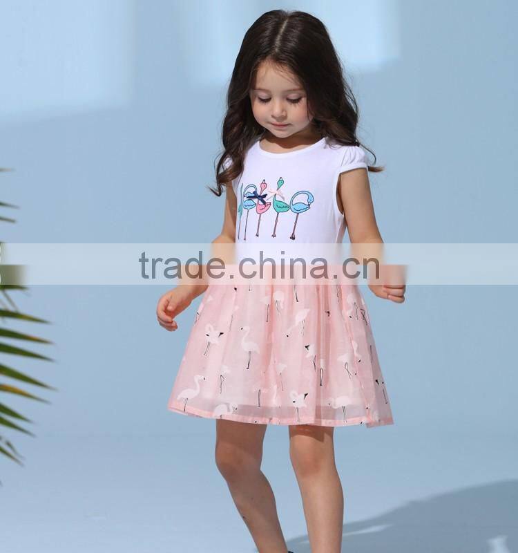 2017 Wholesale Cotton Spandex with Printing Dress Contrast Organza Skirt Part Cute Childrenswear