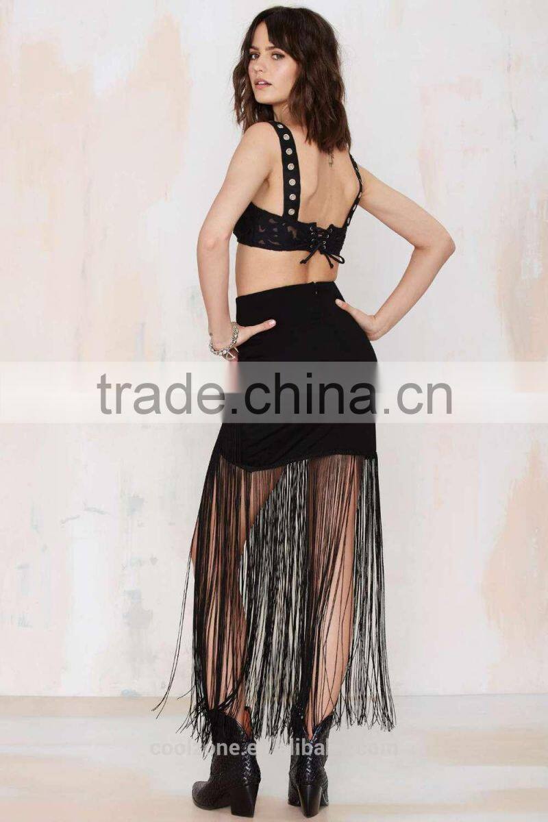 New design fashion with belts around asymmetrical fringe long skirt