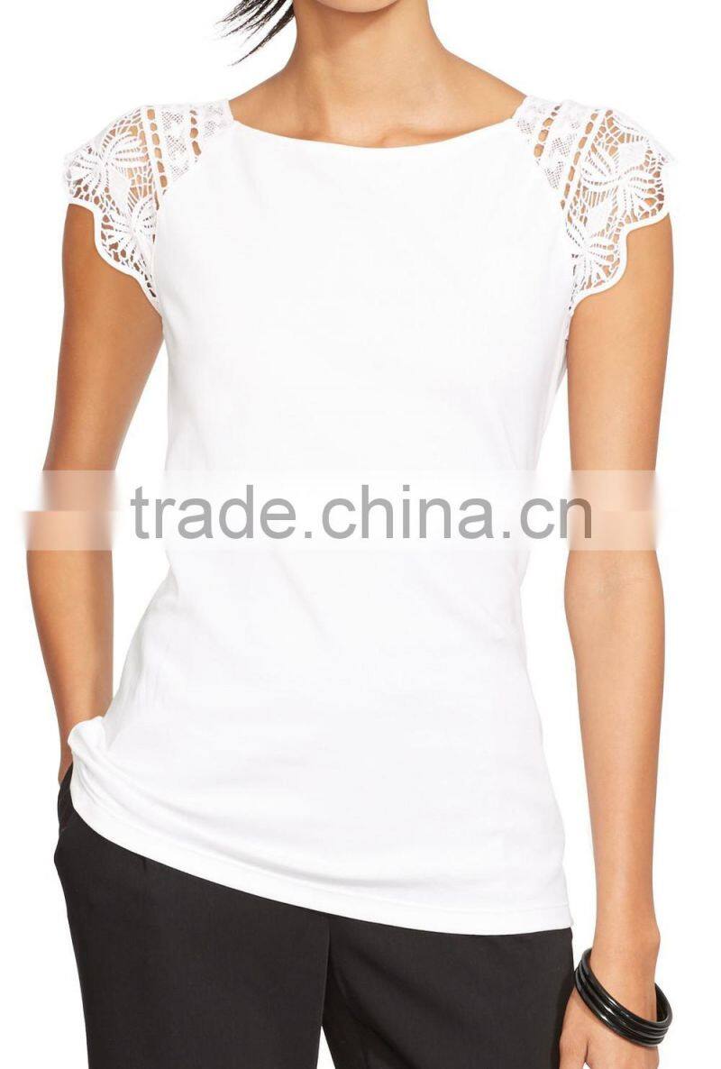 Stylish Lace Sleeves Cotton Top for Ladies Ballet Neckline White OEM T Shirt Women
