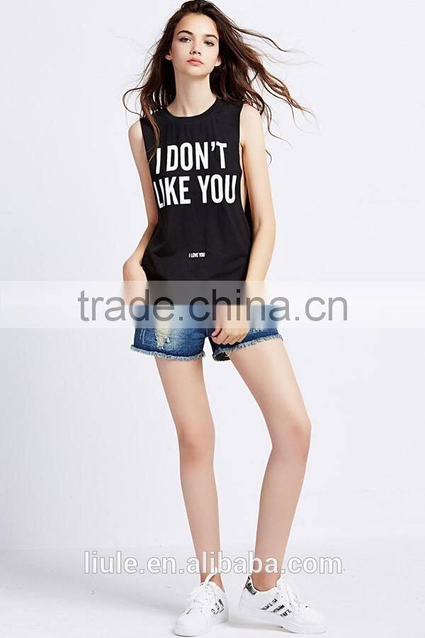 Women Gym Slim Black Print Round Neck Casual Tank Top ladies summer tank top