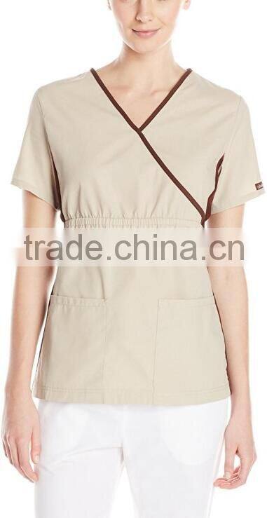 Top Selling Mock Wrap Women Medical Scrubs Wholesale Knit Panel Top