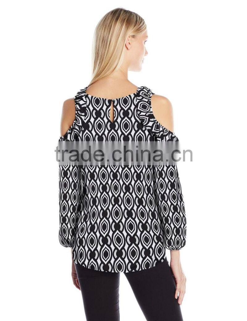 Women's Printed Long Sleeve Scoop Neck Cold Ruffle Shoulder Blouse