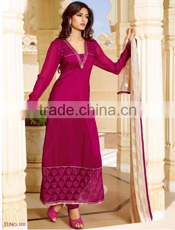 Amazing Deep Pink Color Long Straight Cut Bottom net Border Designer Semi Stitch Salwar Kameez