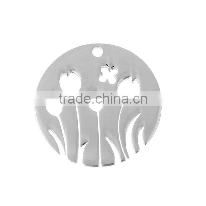 Stainless Steel Cut Out Charms Round Silver Tone Flower
