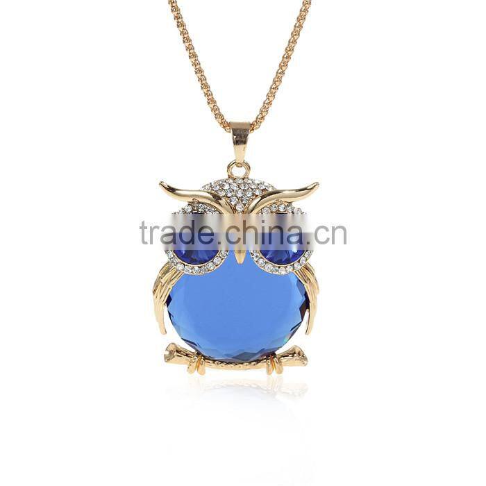 Jewelry Lobster Clasp Necklace Owl Halloween Gold Plated Royal Blue Rhinestone W/Extender Chain 72.5cm long