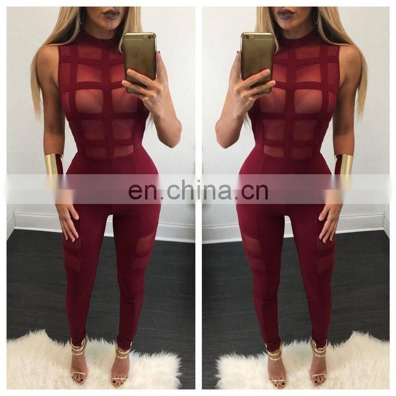 Amigo 2017 new design sexy women evening wear black sleeveless mesh see throught bodycon bandage jumpsuit for girls