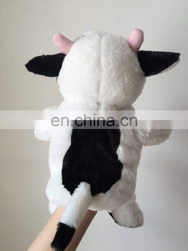 Educational kids toy custom animal cartoon character soft plush stuffed cow hand puppet