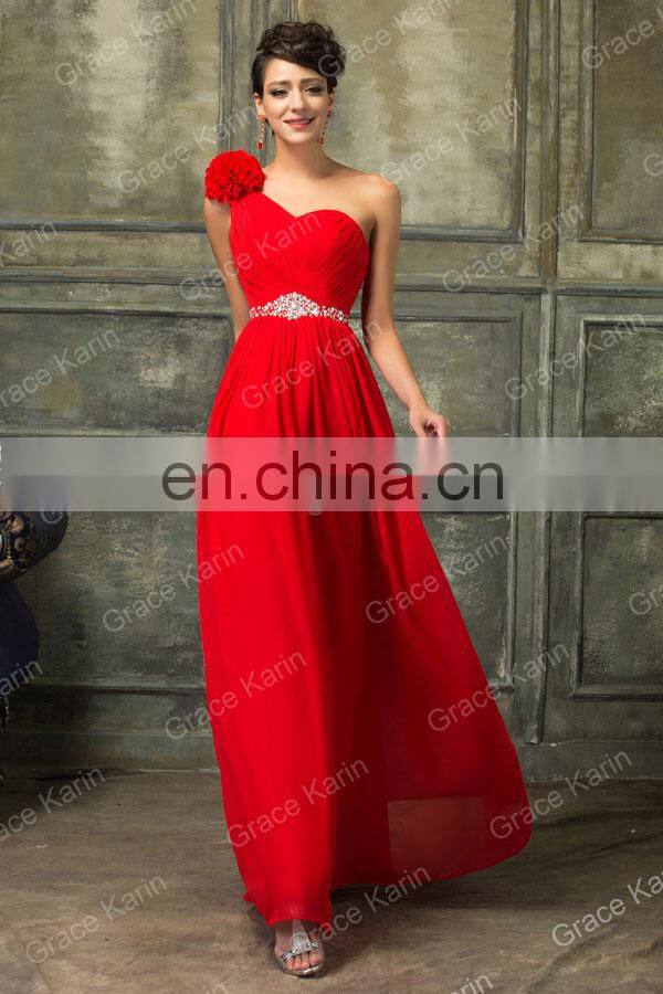 One Shoulder Flower Red Long Grace Karin Chiffon Bridesmaid Dress CL4411