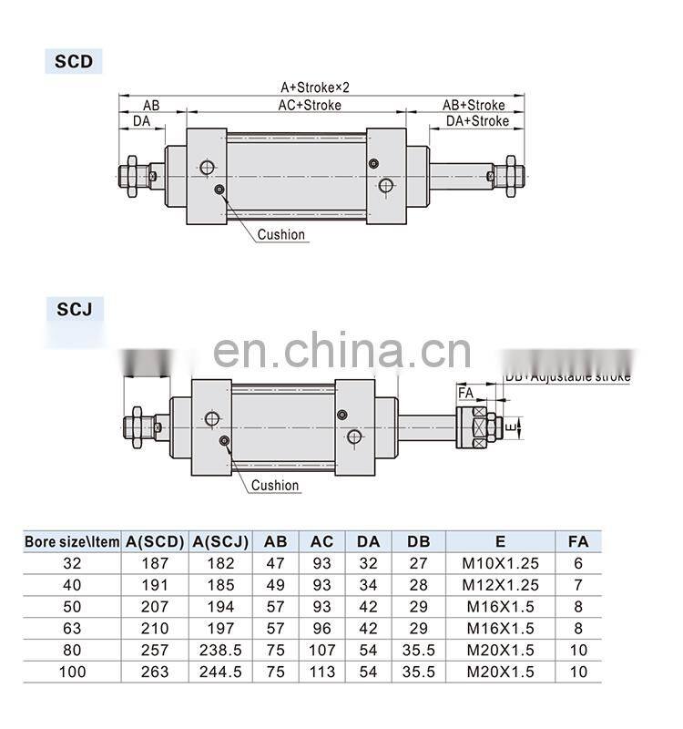 SC40X25 SC40X50 SC40-X100 SC40X150 SC40X200 SC40X250 SC40X300 Air Cylinder double Acting Standard Air Cylinder
