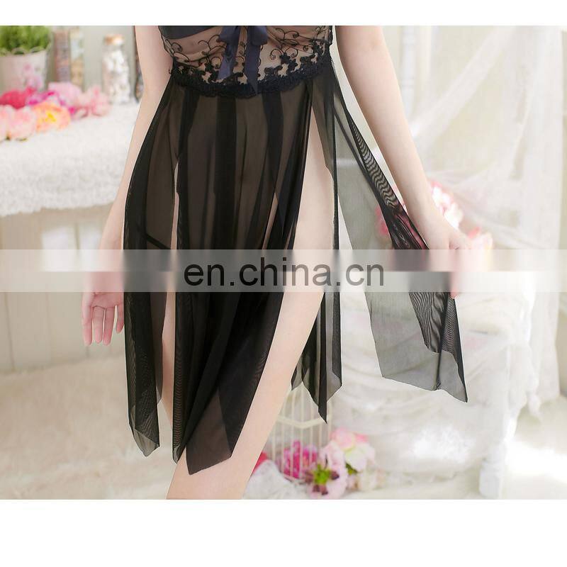 Womens Erotic V-Neck Babydoll Lingerie Dress Floral Lace Patchwork Front Split Nightgown Bowknot See Through Mesh Asym