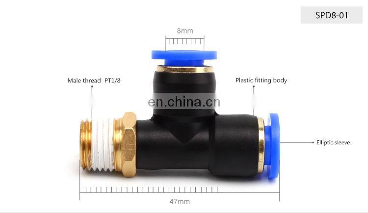 SNS SPD Series pneumatic one touch T type 3 way joint male triple branch run tee plastic quick fitting air hose tube t connector