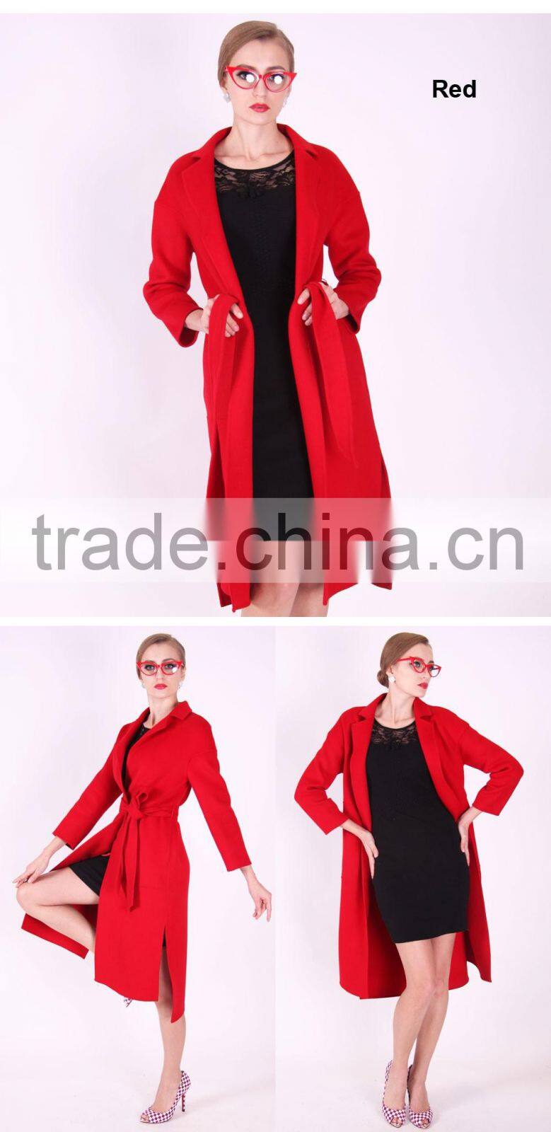 2016 New Design Spring Women Length Slim Fit Wool Trench Coat With Belt