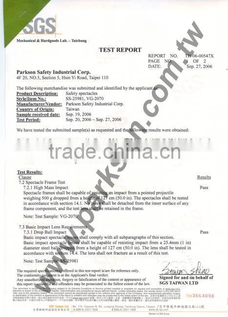 Taiwan PC Eye Protection Adjustable Temple Length Safety Spectacle with ANSI Z87.1 Standard SS-7546