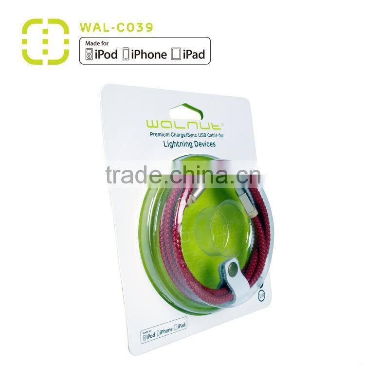 walnut Micro leather charging cable with metal housing