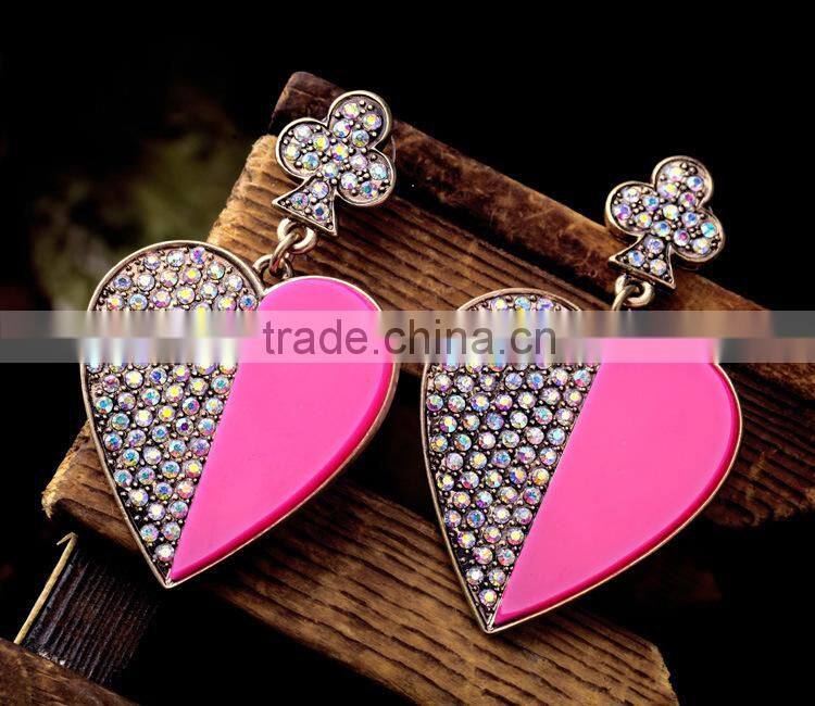 Exaggerated personality pave rhinestone crystal Lovely heart-shaped pendant earrings