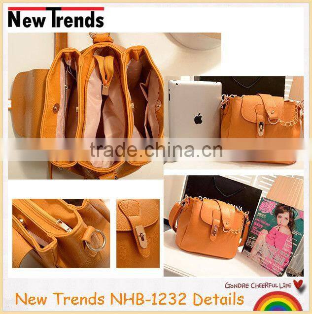 Fashion pink PU handbag with chain sholder and big buckle