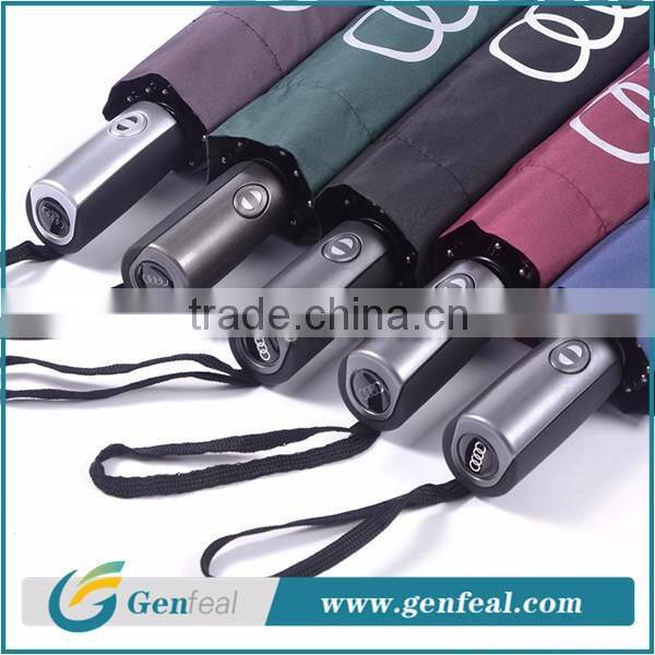 Popular auto open&close windproof glassfiber ribs 3 fold advertising umbrellas for brand promotion