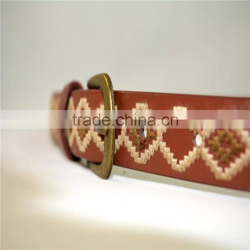 manufacturer antique brass buckle geometric embroidered pu leather belt for women