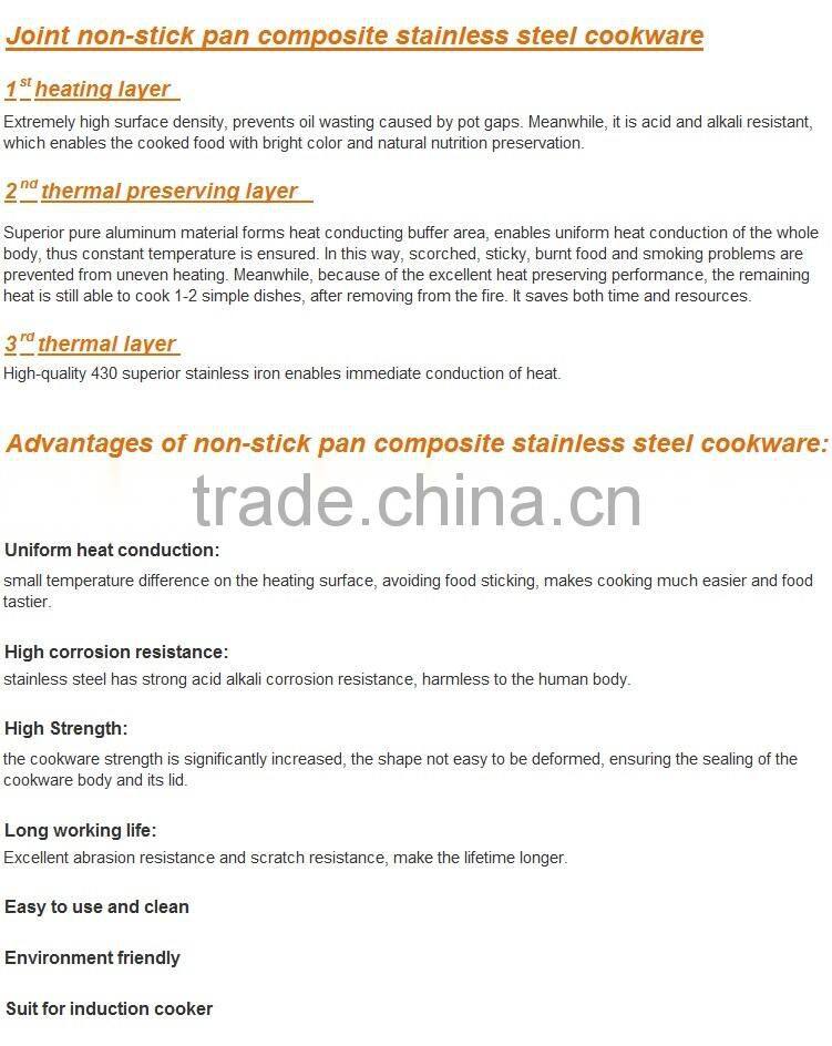 3 Layer Hot sale Stainless Steel Wok Pan,Chinese Wok no ear