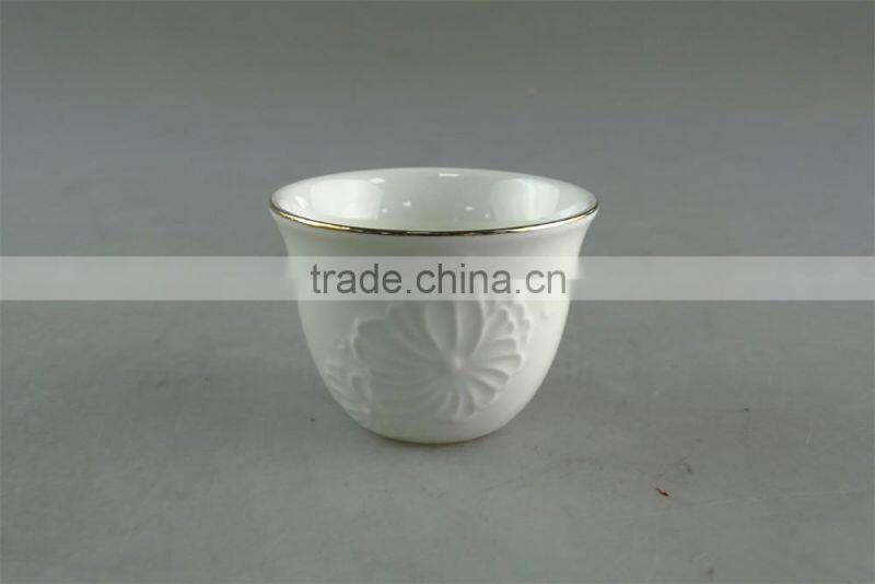 White ceramic tea cup with flower embossing and golden line for wholesale 12 pcs per set,with color box.good quality