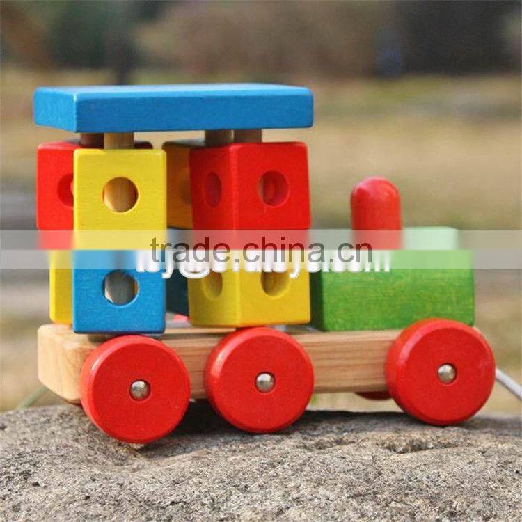 New design toddlers building blocks wooden pull train toy W05C072