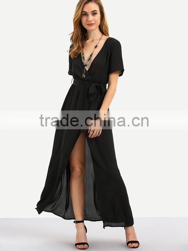 Woman Short Sleeve Black V neck Tie Waist Chiffon Maxi Wrap Type Maxi Dress