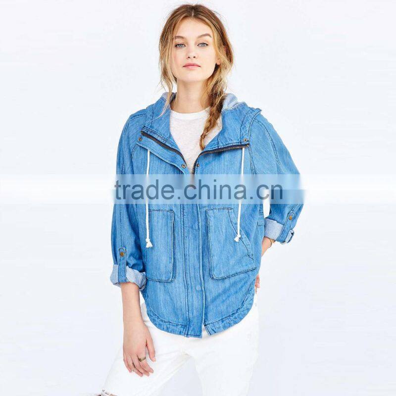 zip up women denim jacket oversized with hoodies and curved hem