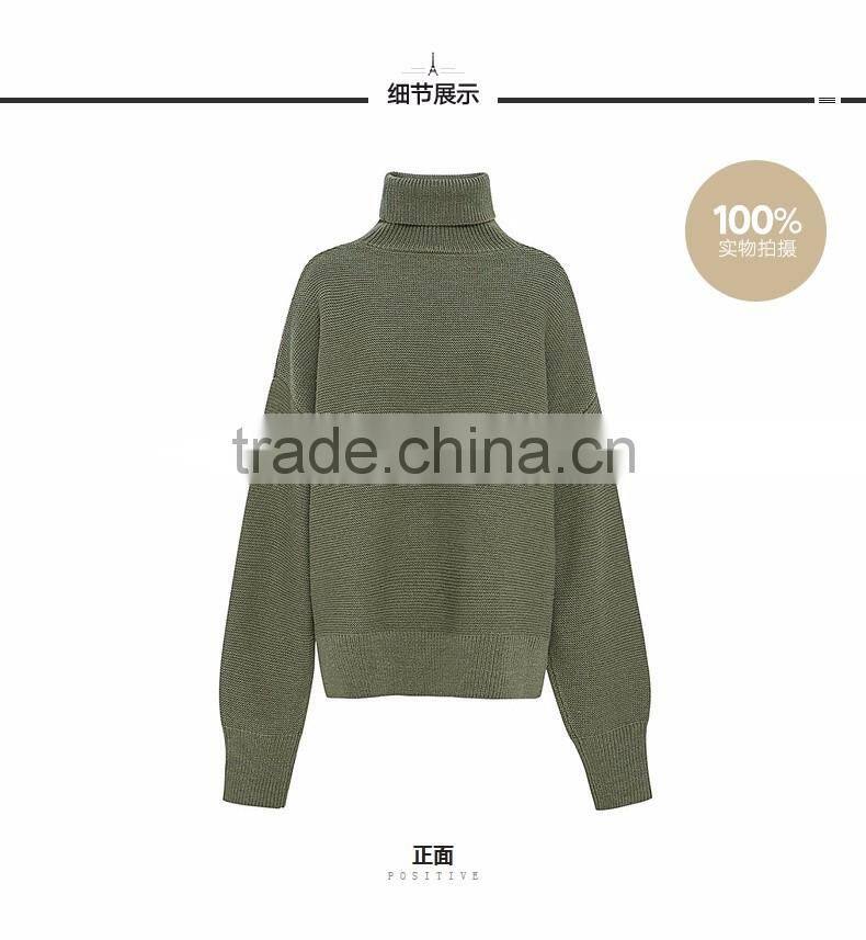 2017 new design style women green color turtleneck long sleeve pullover sweater