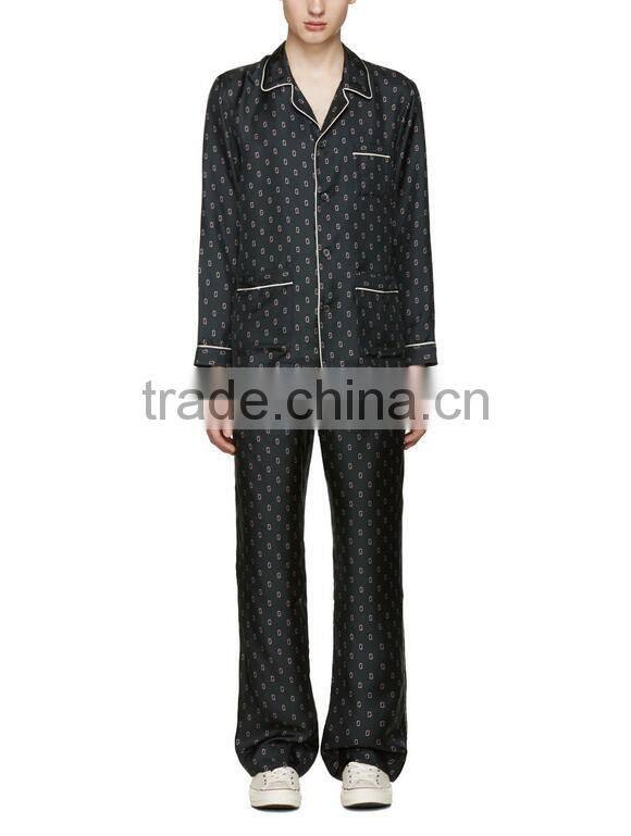Black with white pipping men silk pajamas wholesale satin night wear