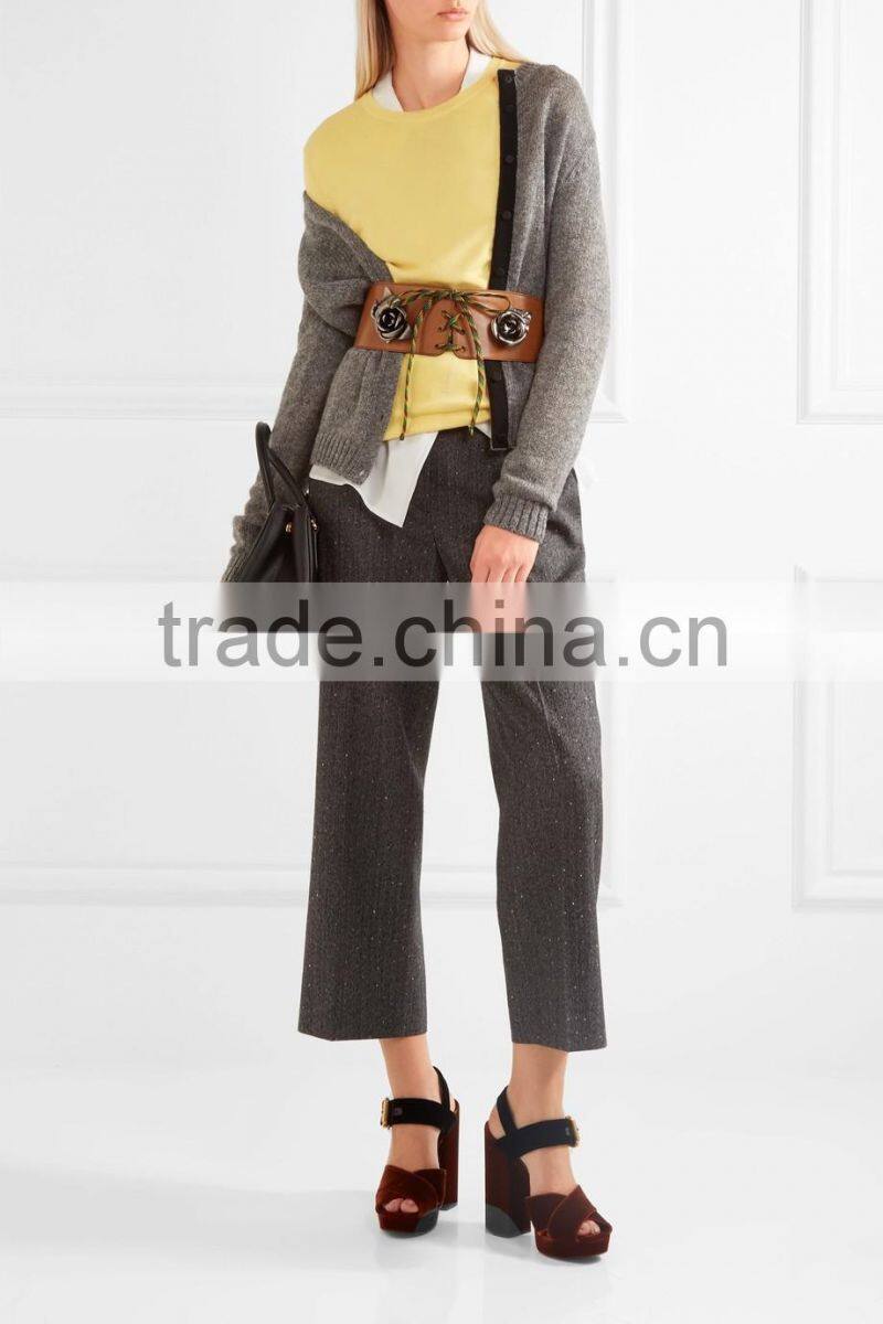 Hot Sale Crew Neck Bright Yellow Silk Blended Cashmere Sweater Women