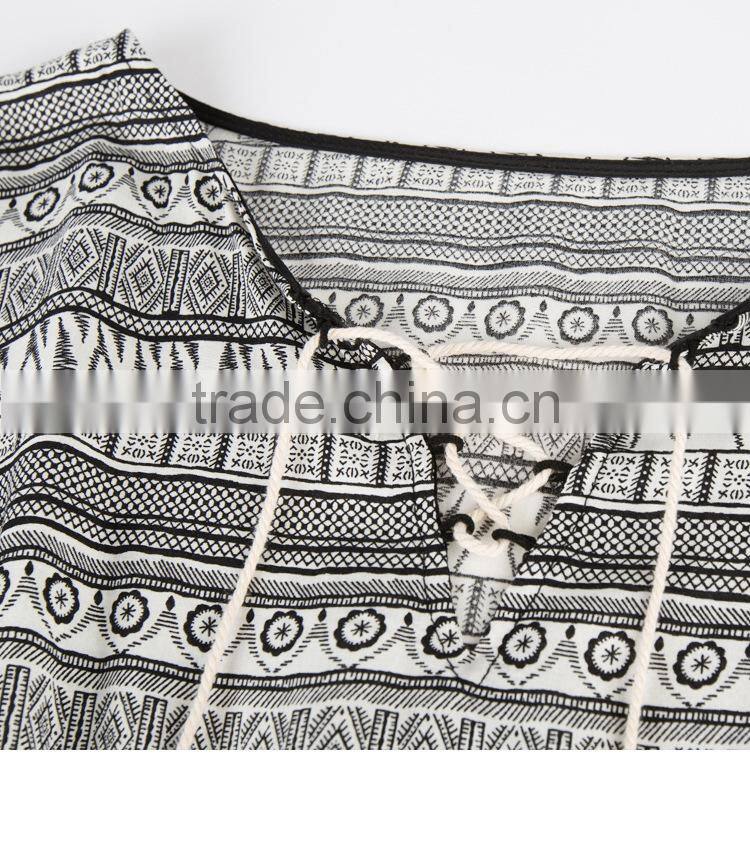 Summer dress for women new national style printing dresses with ropes short sleeve V-neck elegant beach dresses