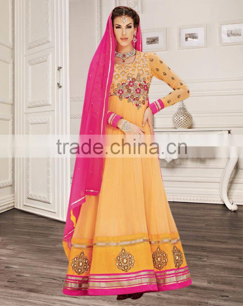 Yellow color on brown with purple color on embroidery heavy design jacket long Anarkali Designer Semi Stitch Salwar Kameez