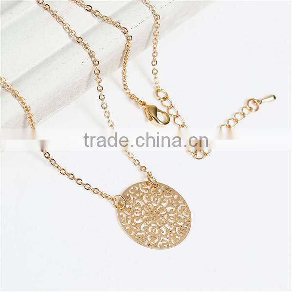 New Fashion Copper Filigree Stamping Necklace Link Cable Chain Gold Plated Round Pendant Flower Carved Hollow