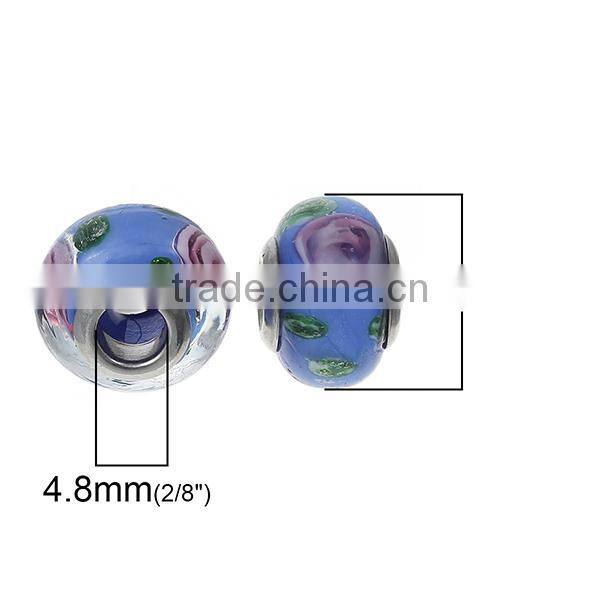 Lampwork Glass European Style Large Hole Beads Round Blue Transparent Pink Flower With 304 Stainless Steel Silver Tone Core