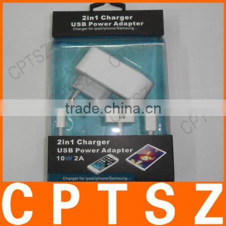 2in1 charger USB power adapter,charge for ipad/iphone/samsung