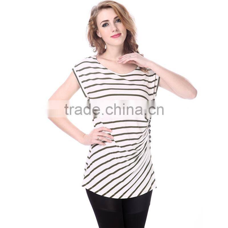 women's stripe pleated button t-shirt