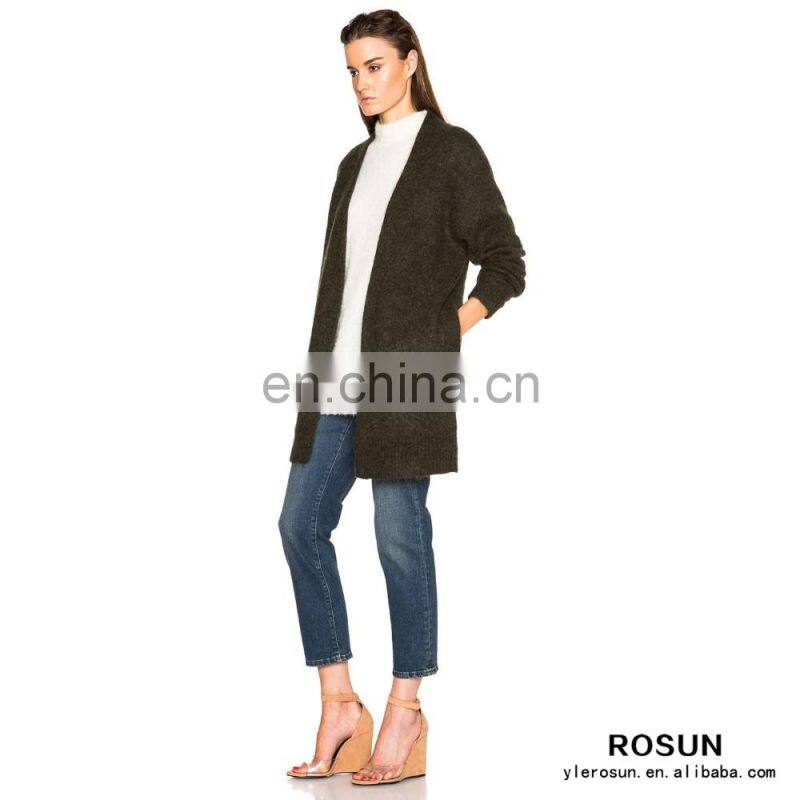 Green Side Slit Pockets Short Rib Knit Mohair Sweater