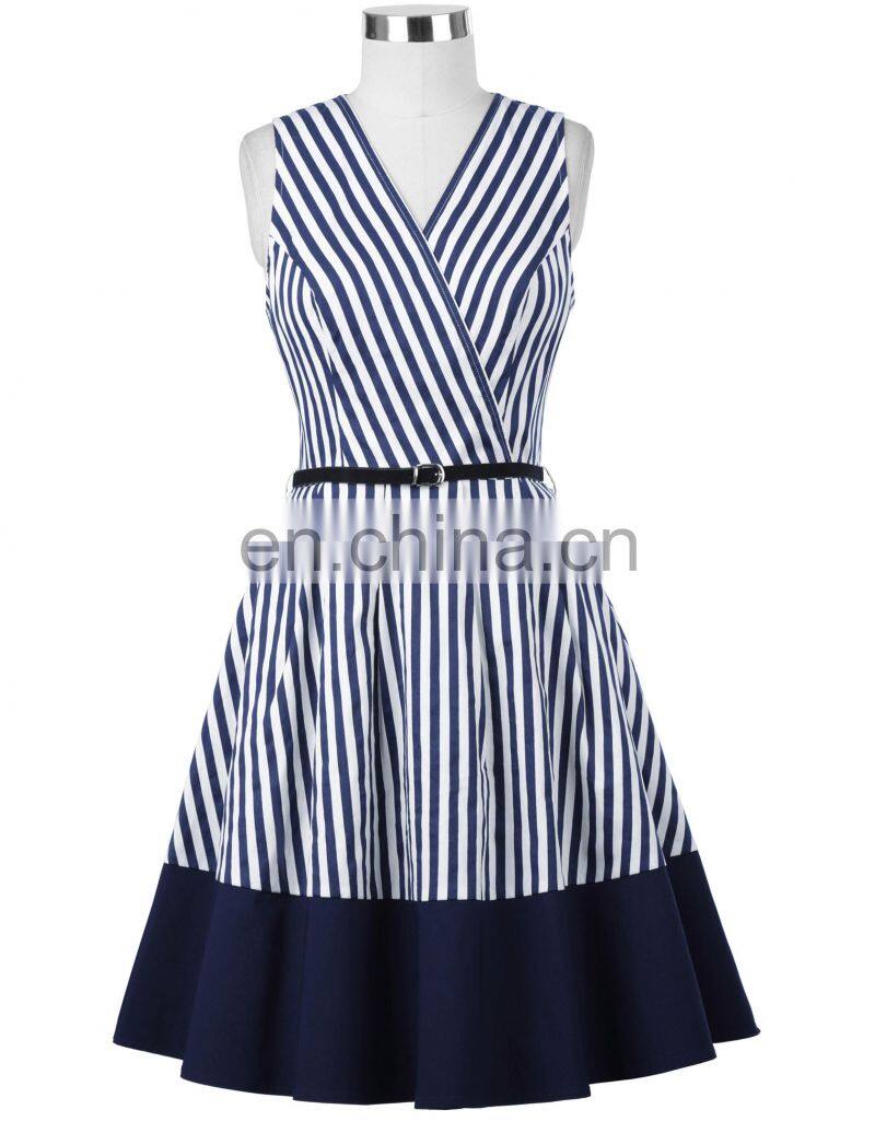 Belle Poque Stripe Pattern Stripped Sleeveless V-Neck A-Line Dress Retro Vintage 50s BP000308-1