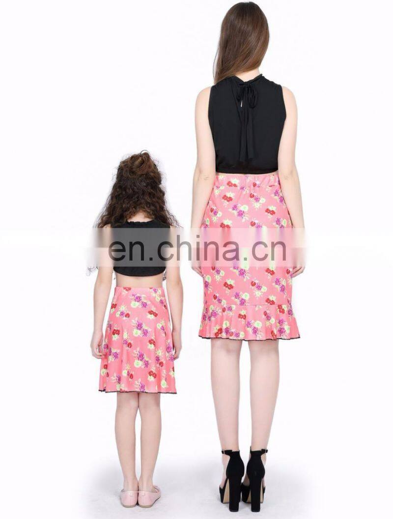 Mother daughter matching dresses 2pcs pink floral skirt black lace top women clothing summer set