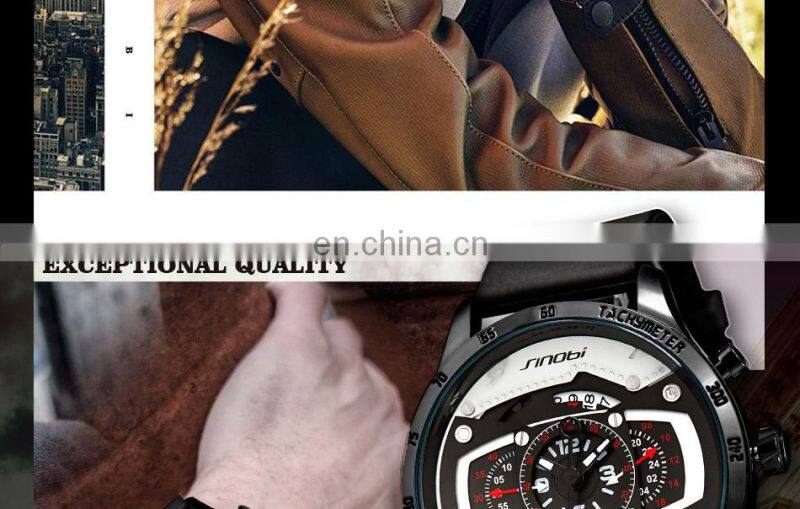 SINOBI Masculine Big Dial Wristwatch S9789G Silicone Band Black Chronograph Watch Multi Function Youth Men Watch