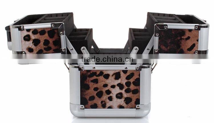 custom travel cosmetic organizer makeup artist train case,leather aluminum makeup train case,leopard aluminum nail makeup case