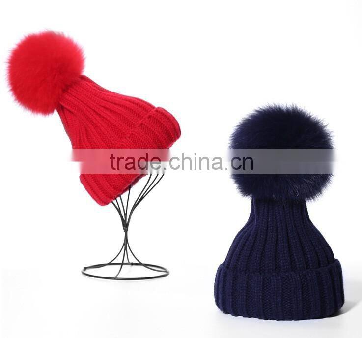 Wholesale Fashion Ladies Printed Real Fur Detachable Pom Pom Beanie Cap
