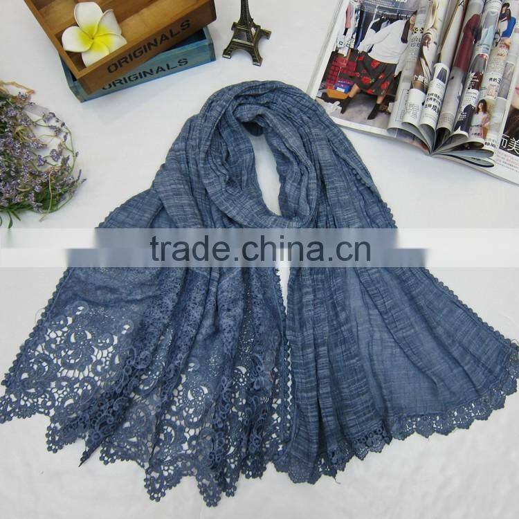 Good Quality Fashion Vintage Flower Embroidery Lace Scarf Cotton Linen Shawl