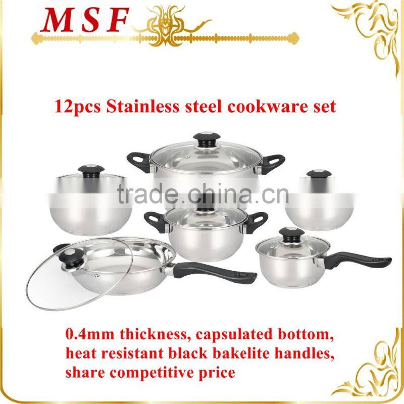 MSF-3020 12pcs Stainless steel cookware set heat resistant bakelite handle for South American market